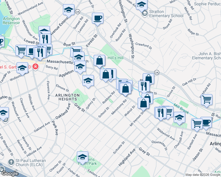 map of restaurants, bars, coffee shops, grocery stores, and more near 1098 Massachusetts Avenue in Arlington