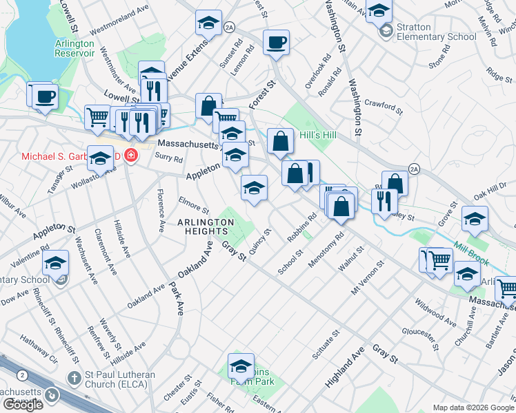 map of restaurants, bars, coffee shops, grocery stores, and more near 36 Appleton Place in Arlington