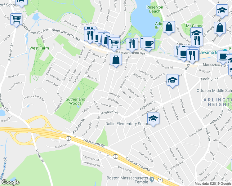 map of restaurants, bars, coffee shops, grocery stores, and more near 83 Williams Street in Arlington