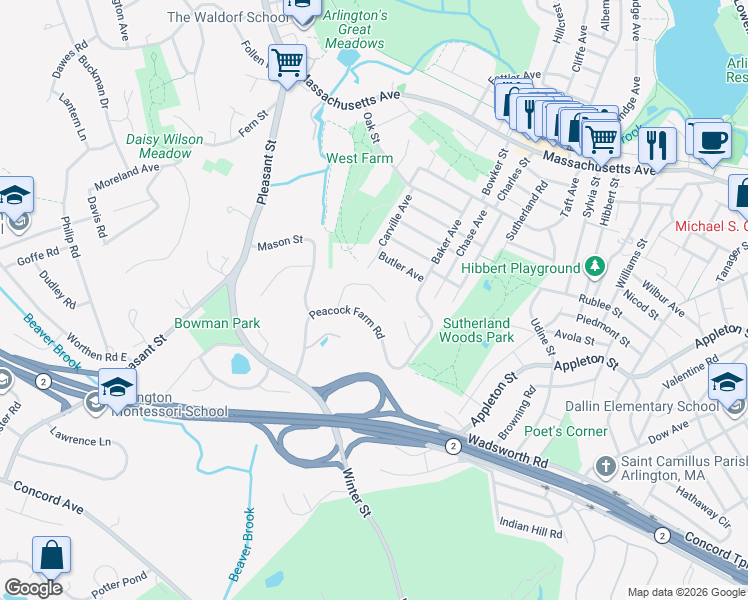 map of restaurants, bars, coffee shops, grocery stores, and more near 11 Trotting Horse Drive in Lexington