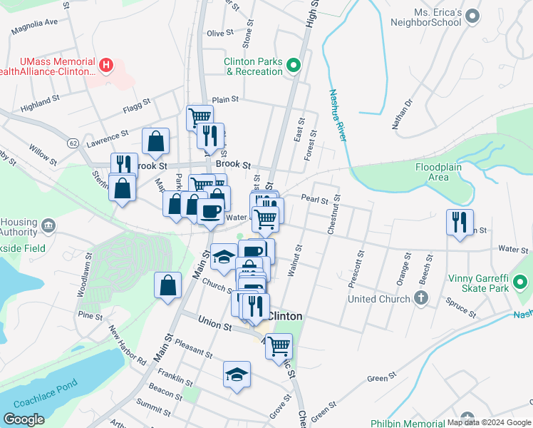 map of restaurants, bars, coffee shops, grocery stores, and more near in Clinton