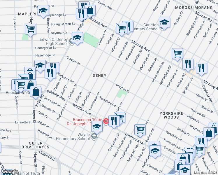 map of restaurants, bars, coffee shops, grocery stores, and more near 11490 Lansdowne Street in Detroit