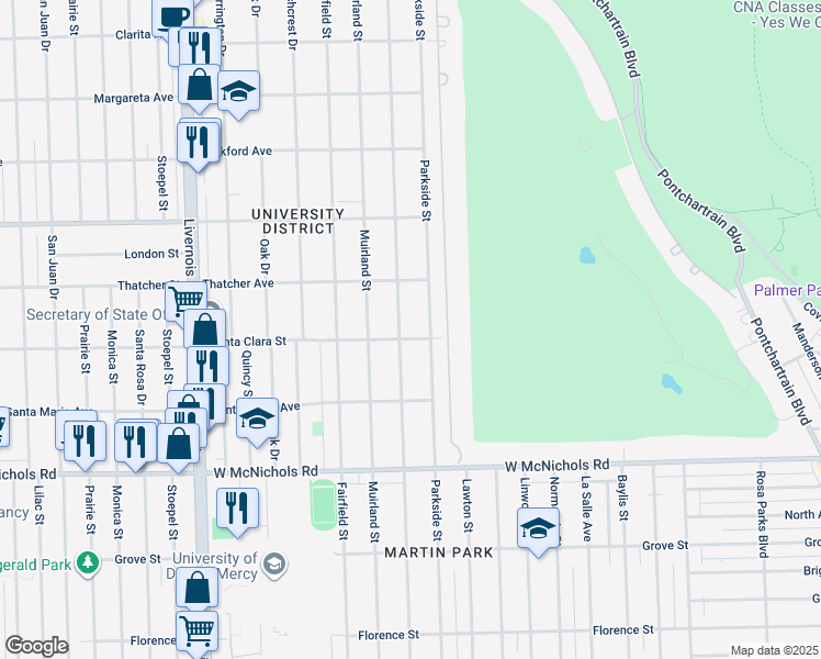 map of restaurants, bars, coffee shops, grocery stores, and more near 17536 Wildemere Street in Detroit