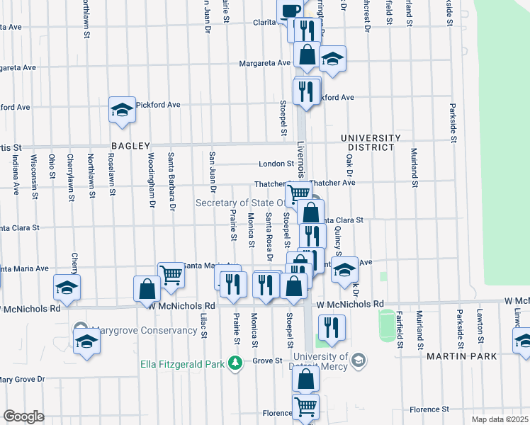 map of restaurants, bars, coffee shops, grocery stores, and more near 17543 Santa Rosa Drive in Detroit