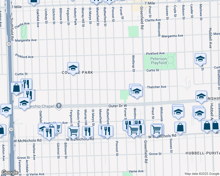 map of restaurants, bars, coffee shops, grocery stores, and more near 18019 Rutherford Street in Detroit