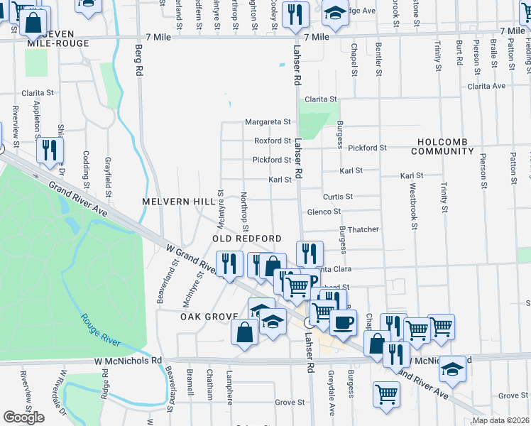 map of restaurants, bars, coffee shops, grocery stores, and more near 17757 Cooley Street in Detroit