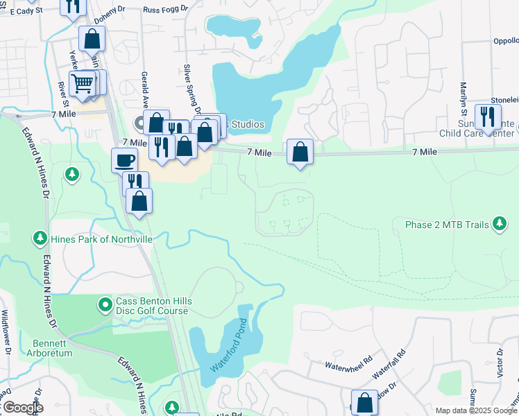 map of restaurants, bars, coffee shops, grocery stores, and more near 18745 Innsbrook Drive in Northville