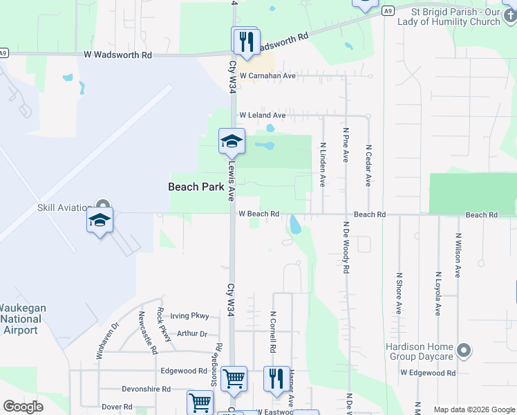 map of restaurants, bars, coffee shops, grocery stores, and more near 1744 West Beach Road in Waukegan