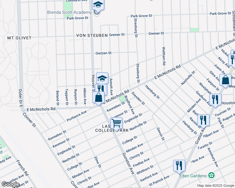 map of restaurants, bars, coffee shops, grocery stores, and more near 11931 East McNichols Road in Detroit
