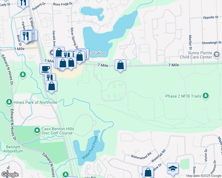 map of restaurants, bars, coffee shops, grocery stores, and more near 18745 Innsbrook Drive in Northville