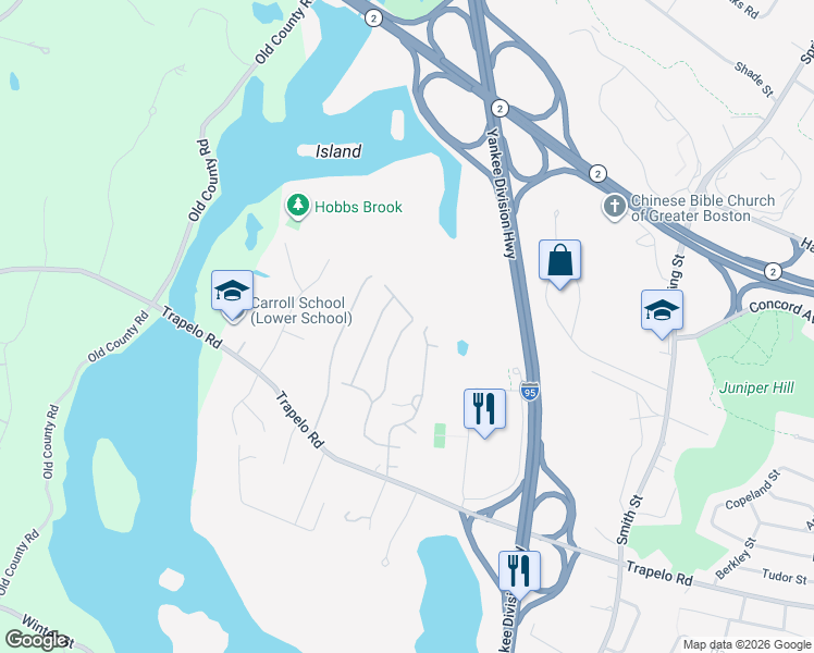 map of restaurants, bars, coffee shops, grocery stores, and more near 82 Midland Drive in Waltham