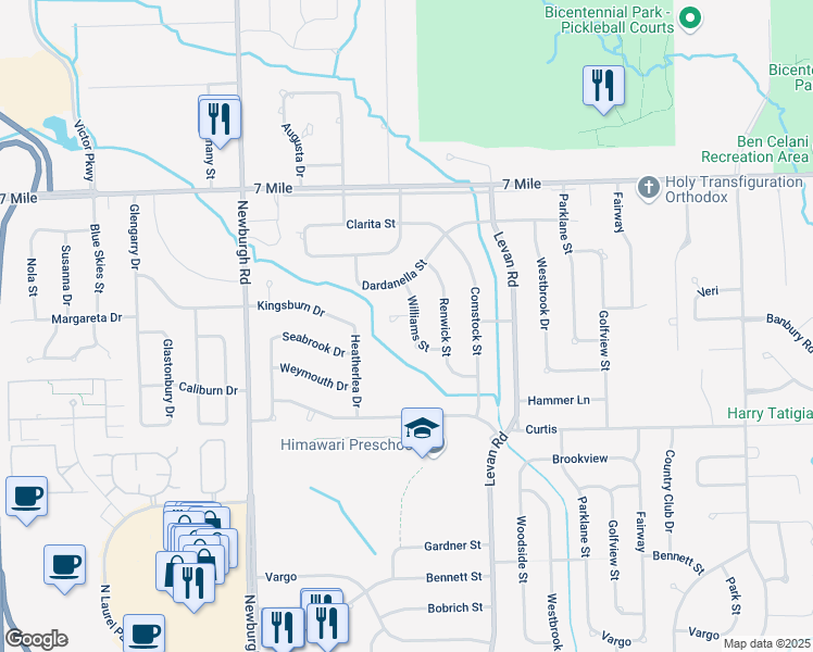 map of restaurants, bars, coffee shops, grocery stores, and more near 18581 Williams Ct in Livonia