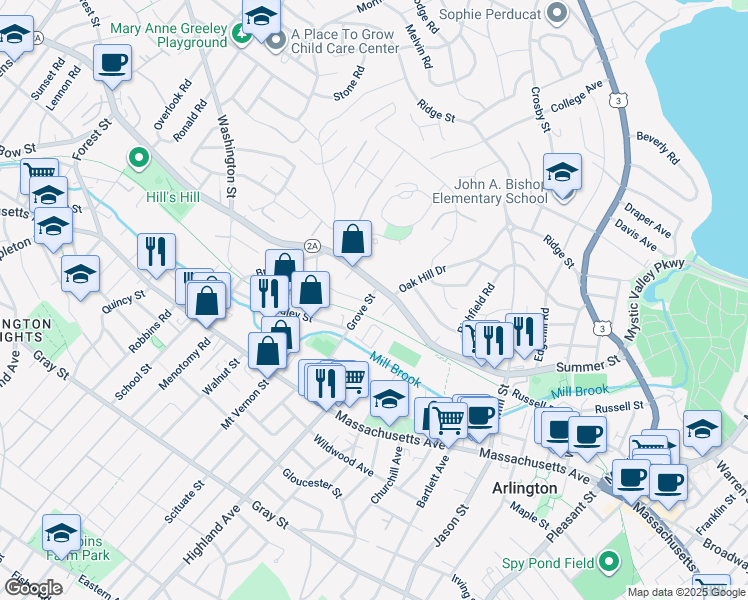 map of restaurants, bars, coffee shops, grocery stores, and more near 70 Grove Street in Arlington