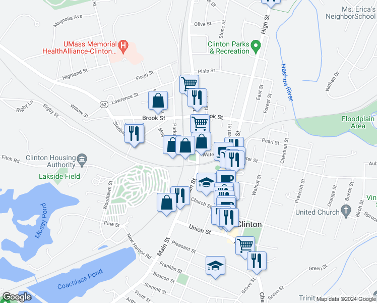 map of restaurants, bars, coffee shops, grocery stores, and more near 23 Sterling Street in Clinton