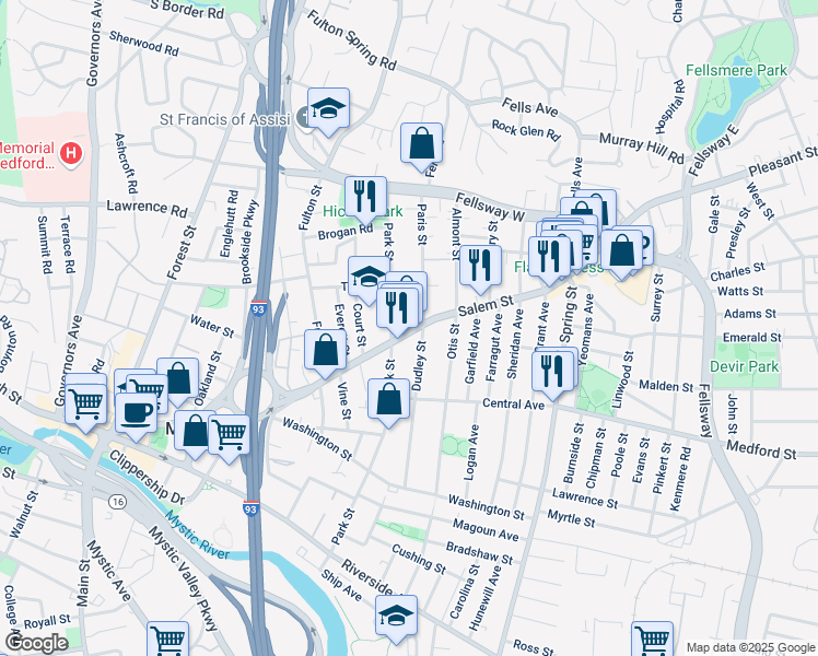 map of restaurants, bars, coffee shops, grocery stores, and more near 213 Park Street in Medford