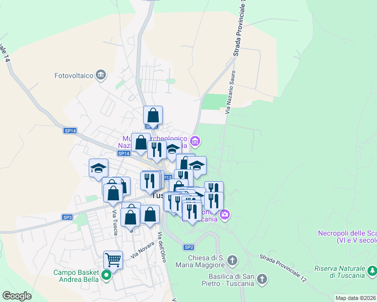 map of restaurants, bars, coffee shops, grocery stores, and more near 14 Via Cerasa in Tuscania