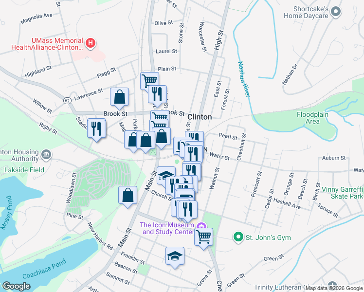 map of restaurants, bars, coffee shops, grocery stores, and more near 60 Water Street in Clinton