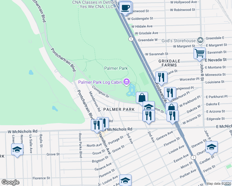 map of restaurants, bars, coffee shops, grocery stores, and more near 900 Merrill Plaisance Street in Detroit