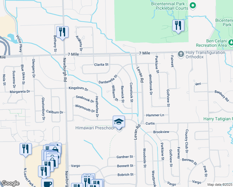 map of restaurants, bars, coffee shops, grocery stores, and more near 18581 Williams Court in Livonia