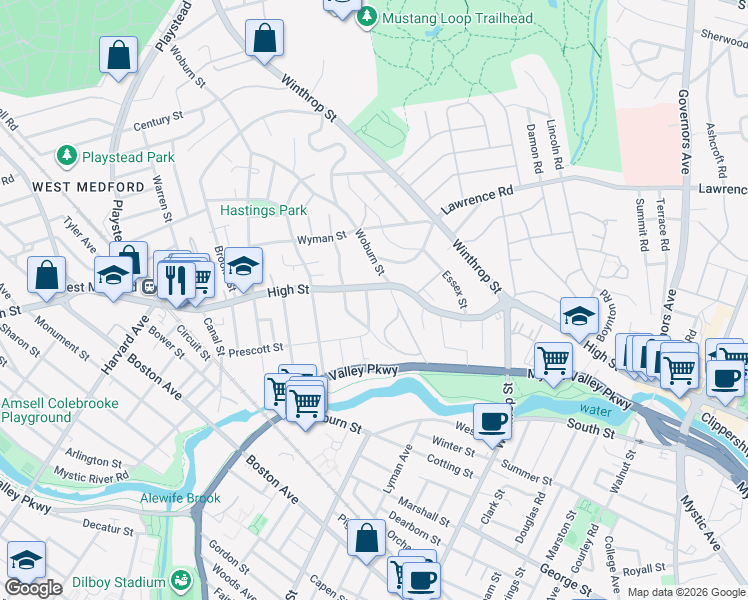 map of restaurants, bars, coffee shops, grocery stores, and more near 312 High Street in Medford