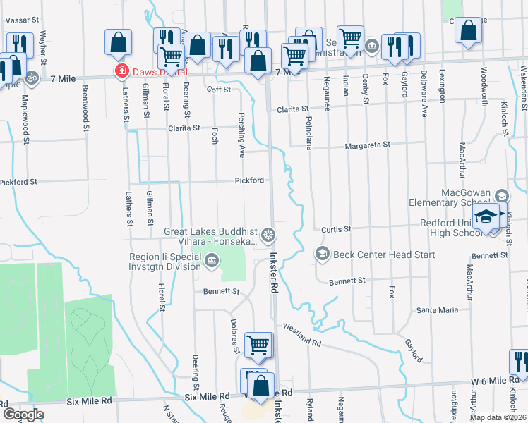 map of restaurants, bars, coffee shops, grocery stores, and more near 18279 Inkster Road in Livonia