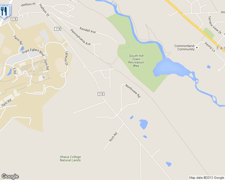 map of restaurants, bars, coffee shops, grocery stores, and more near 112 Pineview Terrace in Ithaca