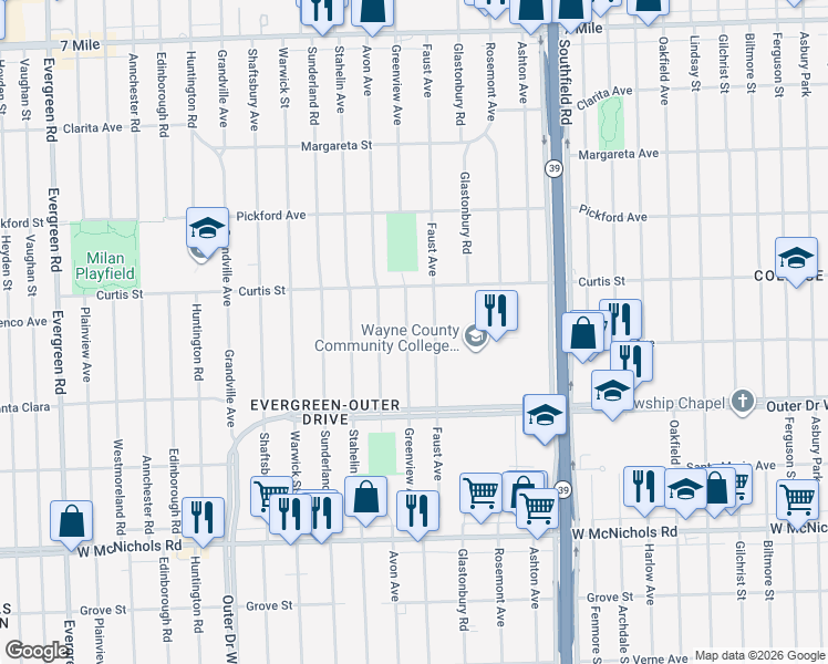 map of restaurants, bars, coffee shops, grocery stores, and more near 17664 Greenview Avenue in Detroit