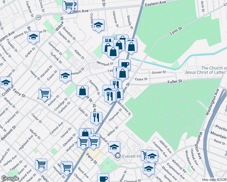 map of restaurants, bars, coffee shops, grocery stores, and more near 19 Porter Street in Everett