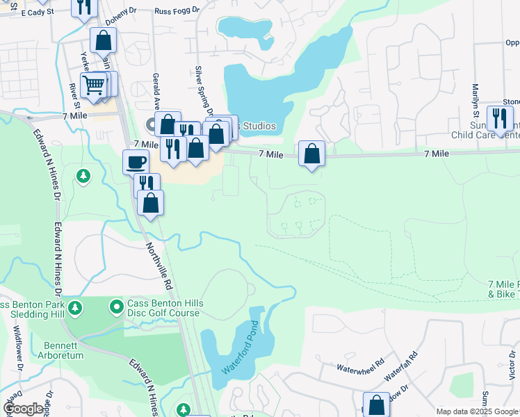 map of restaurants, bars, coffee shops, grocery stores, and more near 18777 Innsbrook Drive in Northville