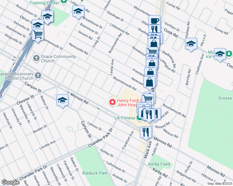 map of restaurants, bars, coffee shops, grocery stores, and more near 19217 Raymond Street in Grosse Pointe Woods
