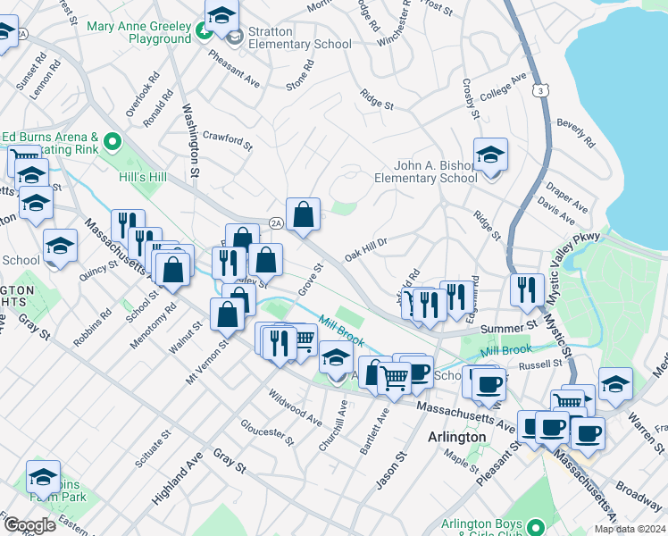 map of restaurants, bars, coffee shops, grocery stores, and more near 176 Summer Street in Arlington