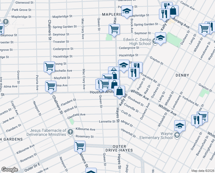 map of restaurants, bars, coffee shops, grocery stores, and more near 15050 Alma Avenue in Detroit