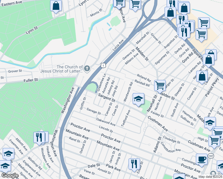 map of restaurants, bars, coffee shops, grocery stores, and more near 35 Johnny Road in Revere