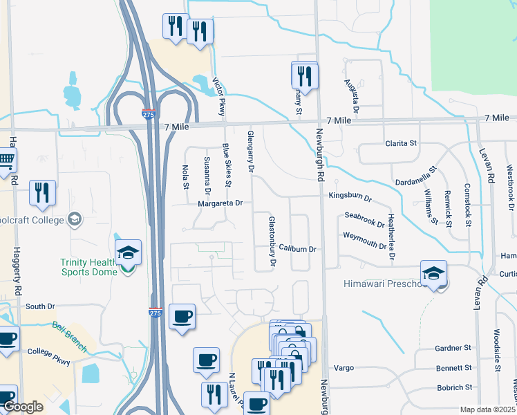 map of restaurants, bars, coffee shops, grocery stores, and more near 18570 Glengarry Dr in Livonia