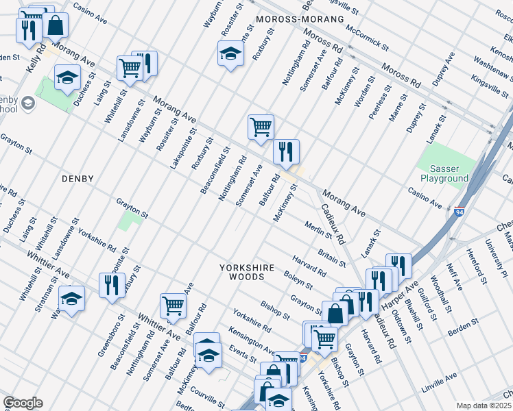 map of restaurants, bars, coffee shops, grocery stores, and more near 10827 Balfour Road in Detroit