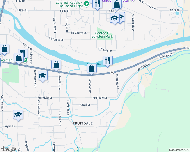 map of restaurants, bars, coffee shops, grocery stores, and more near 1831 Oregon 99 in Grants Pass