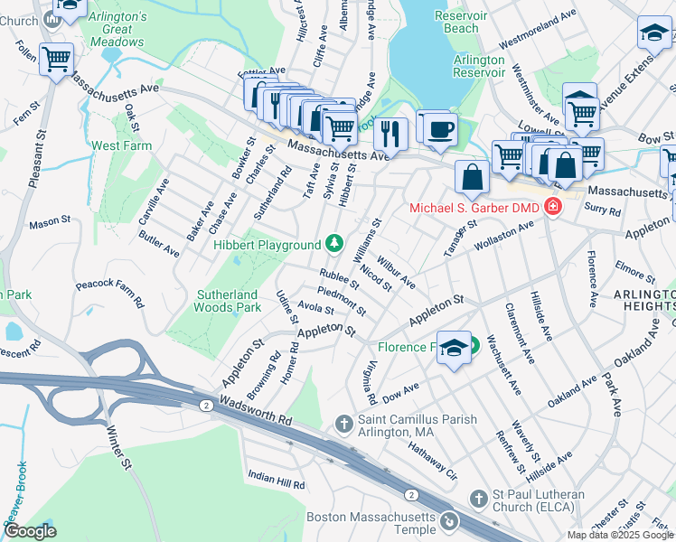 map of restaurants, bars, coffee shops, grocery stores, and more near 83 Williams Street in Arlington