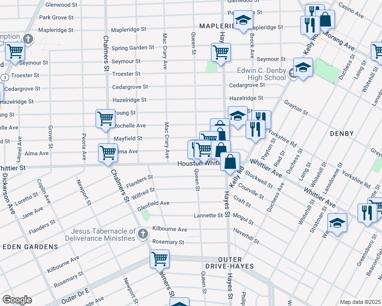 map of restaurants, bars, coffee shops, grocery stores, and more near 14900 Alma Avenue in Detroit