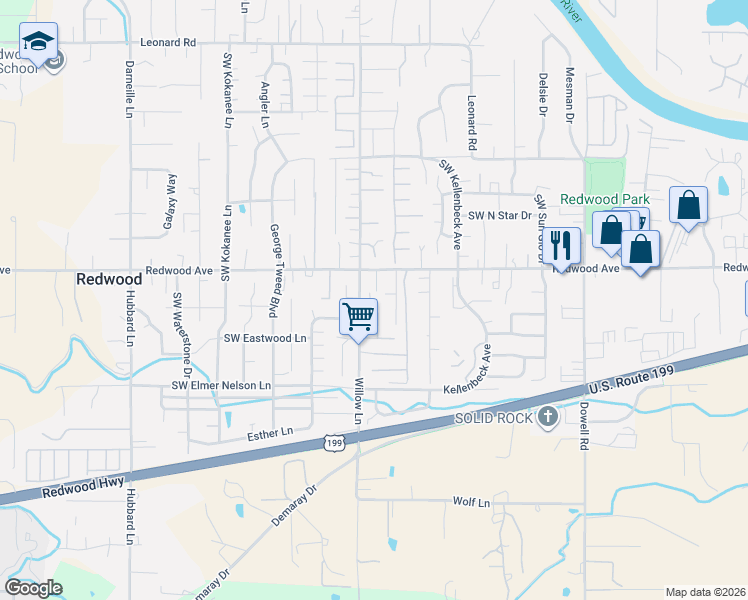map of restaurants, bars, coffee shops, grocery stores, and more near 1537 Willow Lane in Grants Pass