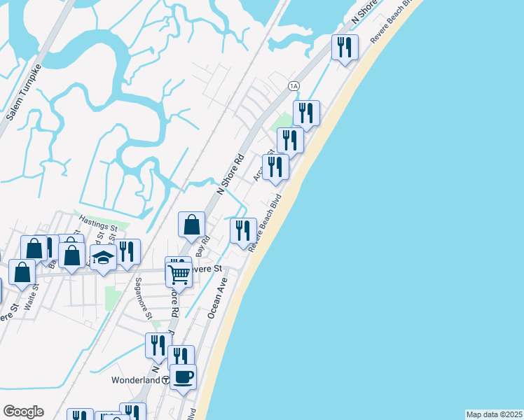map of restaurants, bars, coffee shops, grocery stores, and more near in Revere
