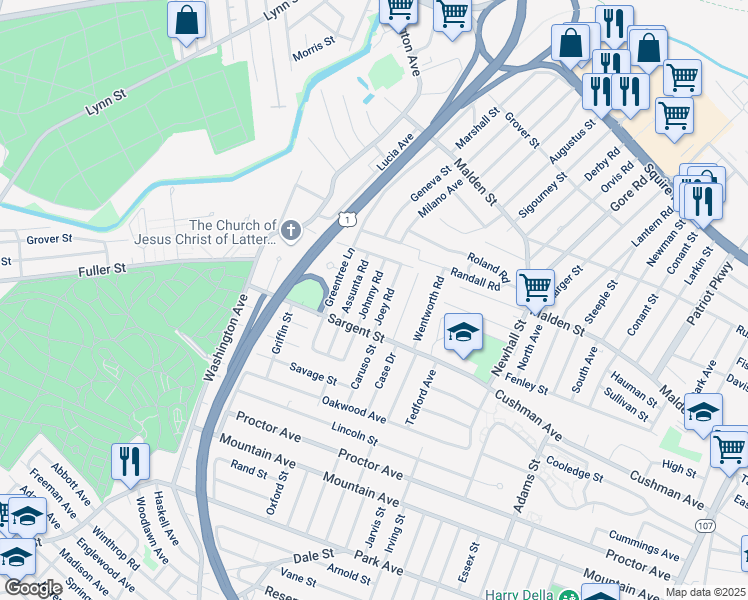map of restaurants, bars, coffee shops, grocery stores, and more near 42 Joey Road in Revere