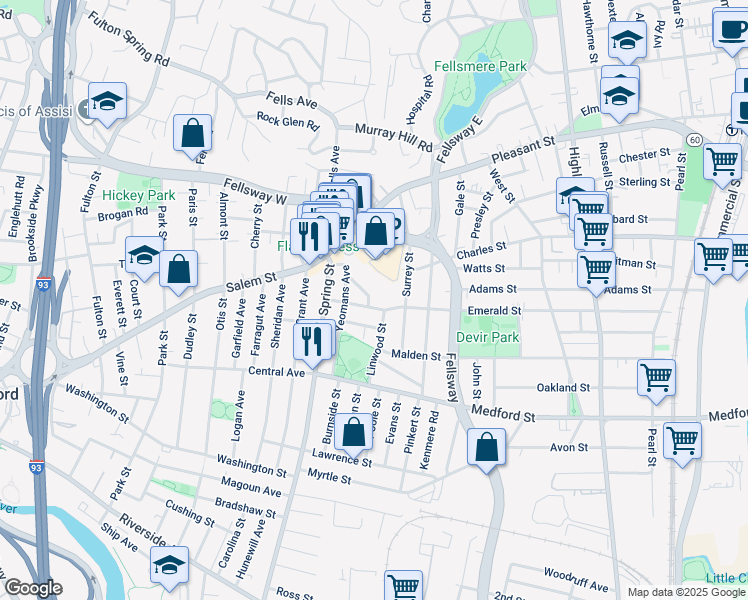map of restaurants, bars, coffee shops, grocery stores, and more near 38 Dunbar Avenue in Medford