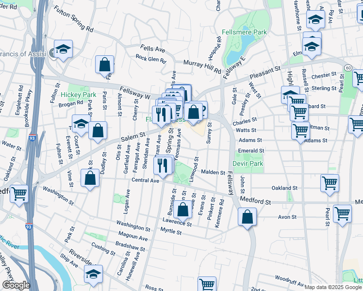 map of restaurants, bars, coffee shops, grocery stores, and more near 16 Emerald Street in Medford