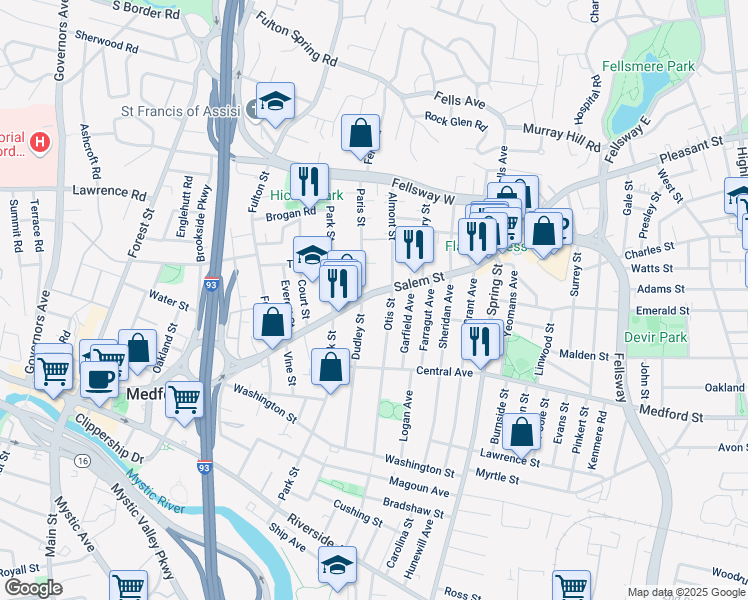 map of restaurants, bars, coffee shops, grocery stores, and more near 325 Salem Street in Medford