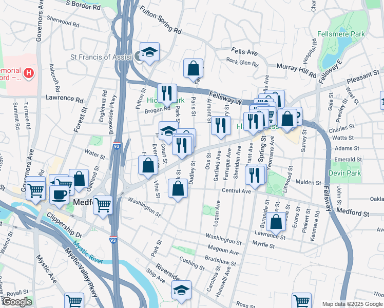 map of restaurants, bars, coffee shops, grocery stores, and more near 325 Salem Street in Medford