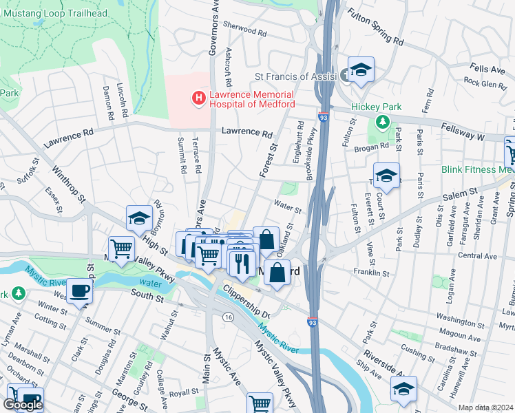 map of restaurants, bars, coffee shops, grocery stores, and more near 87 Forest Street in Medford