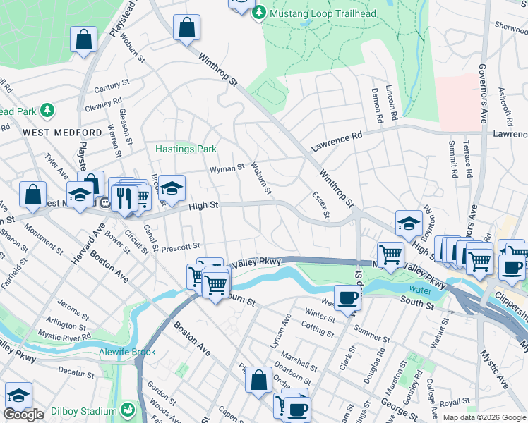 map of restaurants, bars, coffee shops, grocery stores, and more near 312 High Street in Medford