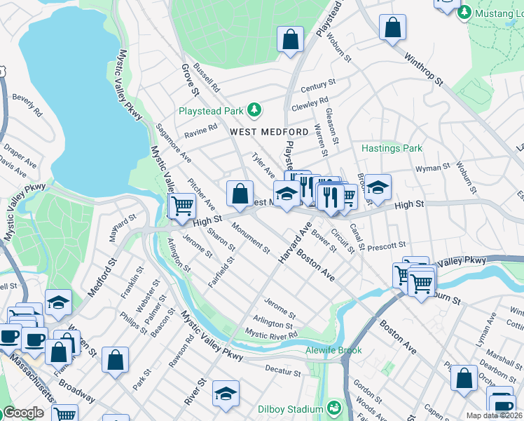 map of restaurants, bars, coffee shops, grocery stores, and more near 538 High Street in Medford