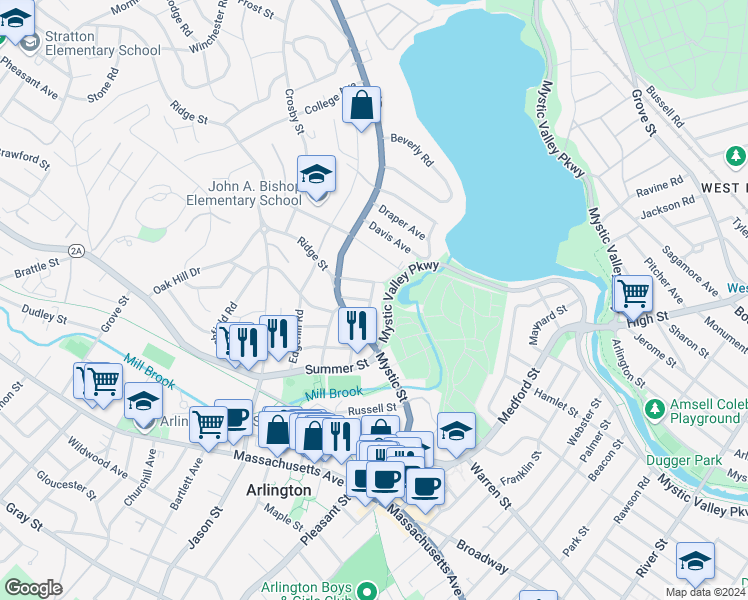 map of restaurants, bars, coffee shops, grocery stores, and more near 43 Rangeley Road in Arlington