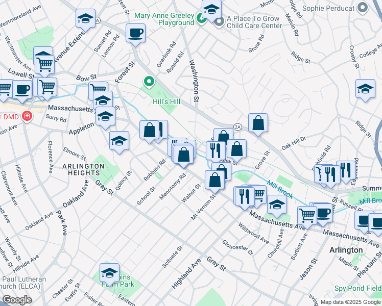 map of restaurants, bars, coffee shops, grocery stores, and more near 22 Brattle Street in Arlington